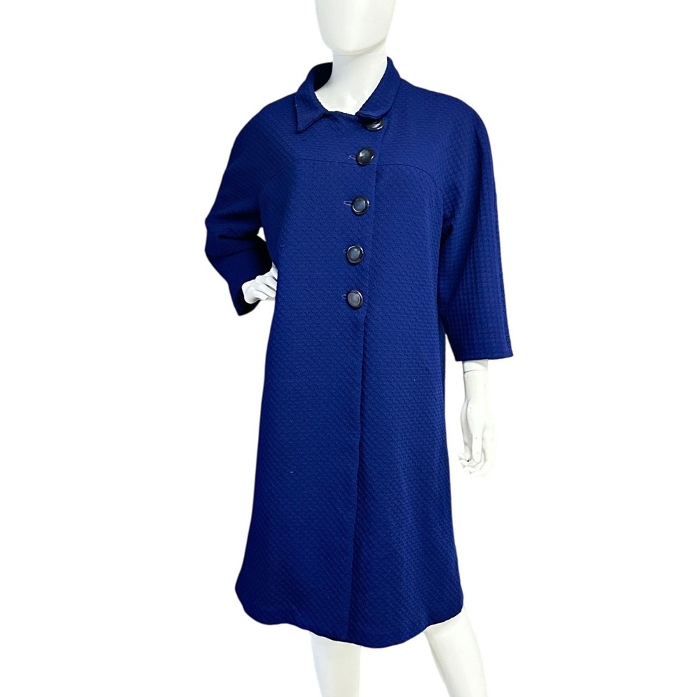 Vintage 50s 60s Royal Blue Textured Polyester 3/4 Sleeve Swing Top Coat Sz XL
